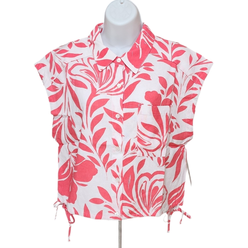 Ellen Tracy Linen Blend Paisley Print Camp Shirt Drawstring Hem Side Ties M, L.